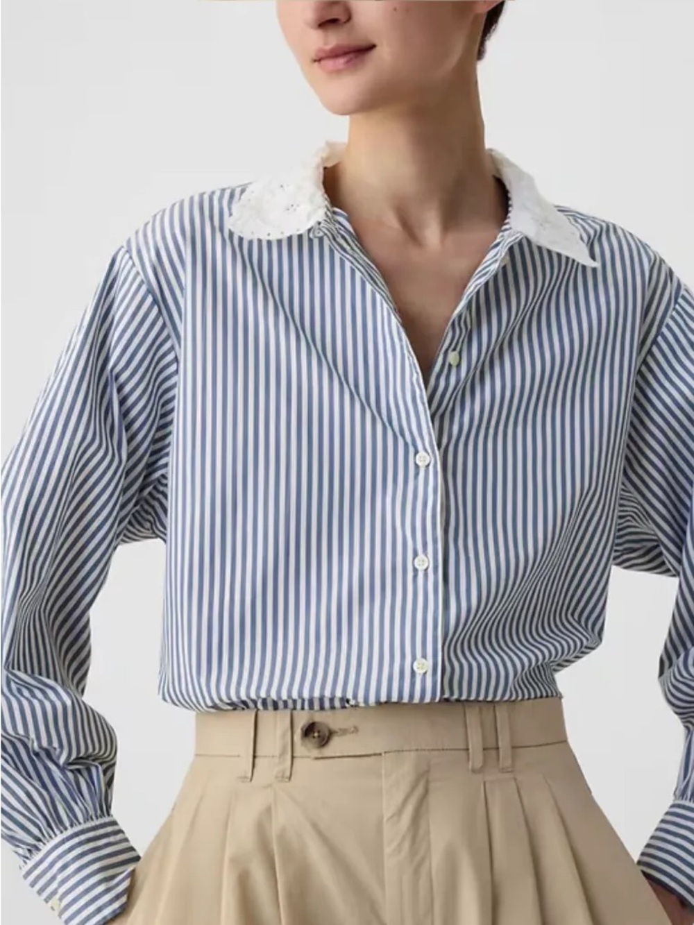 Gap x Doen Blue white striped button down lace collar new NWT